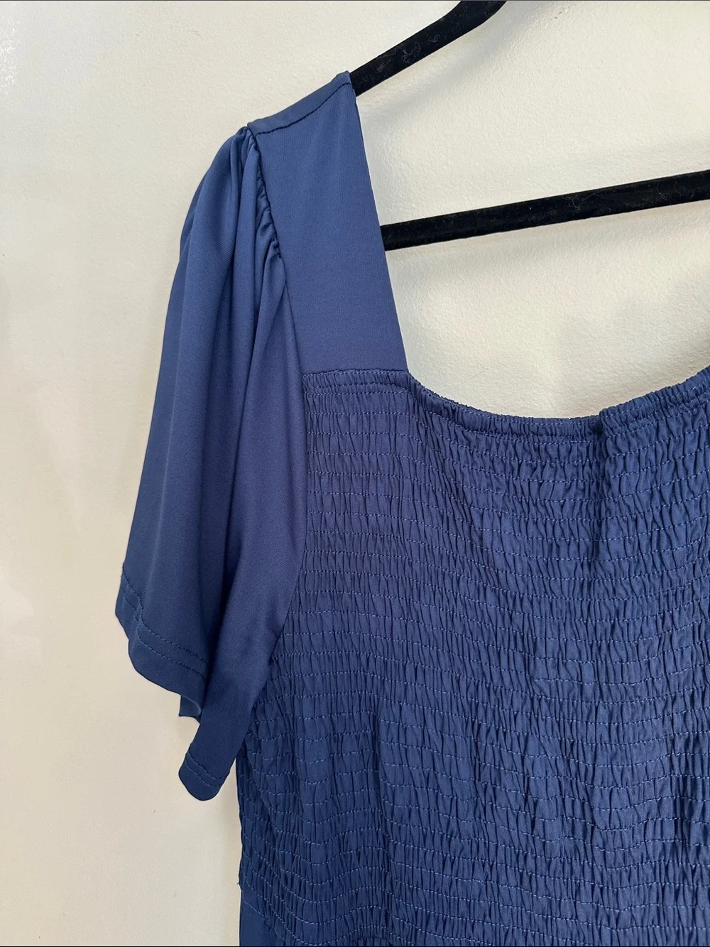 Navy Blue Wide-Leg Smocked Jumpsuit With Short Sleeves and pockets, 2XL